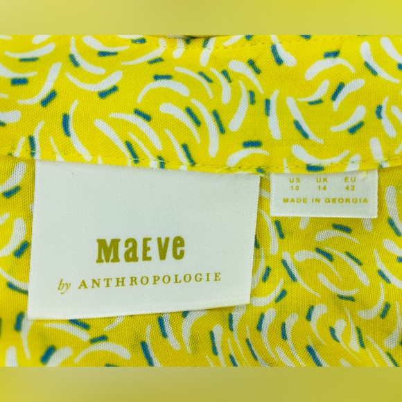 Maeve Anthropologie Blithe Yellow Patterned Shirt Button Tie Sleeve Size 10 - Picture 3 of 9